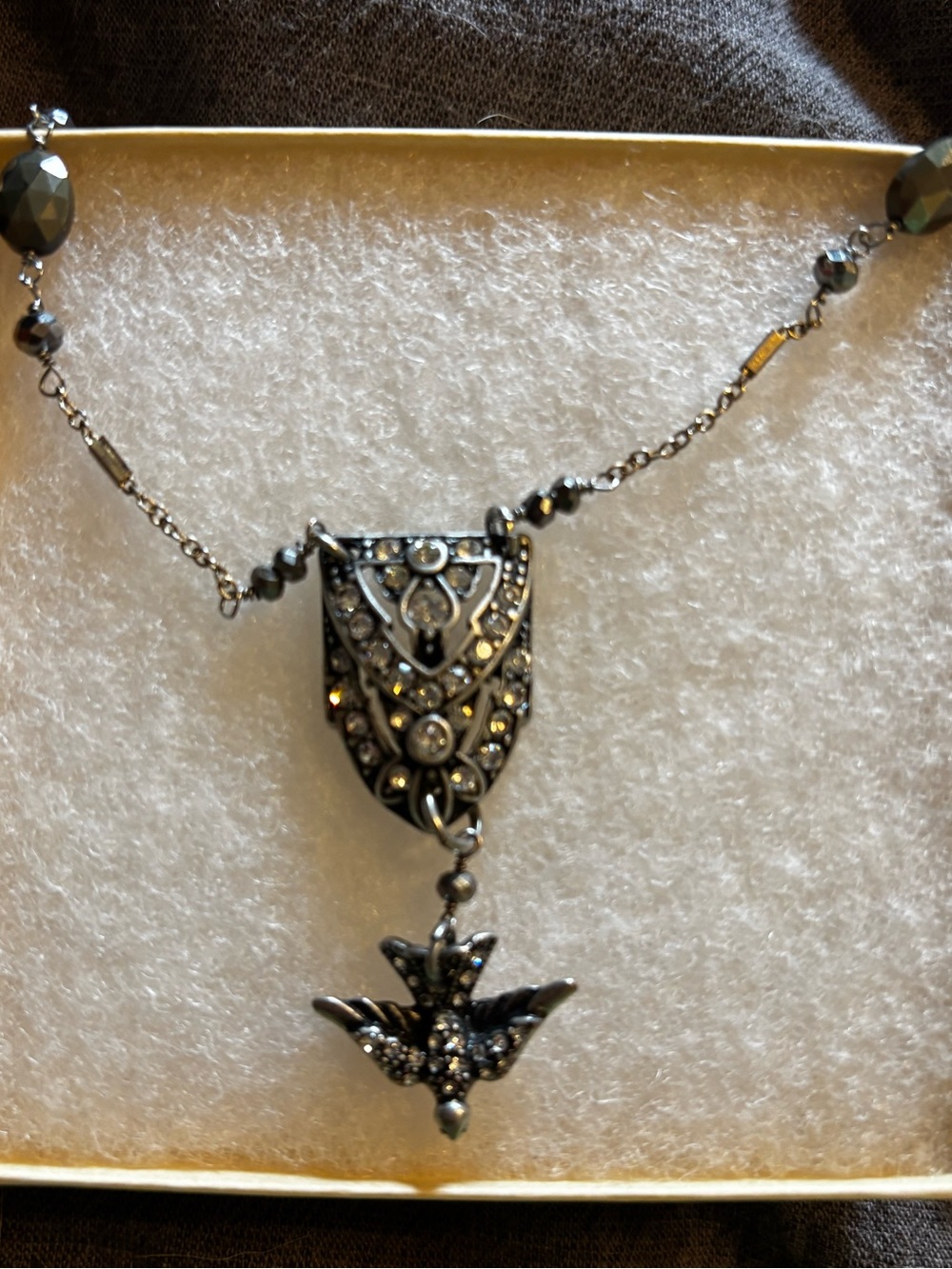 cAbi Long Beaded Necklace Rhinestone Shield Bird Pendant Gunmetal Gothic Opera